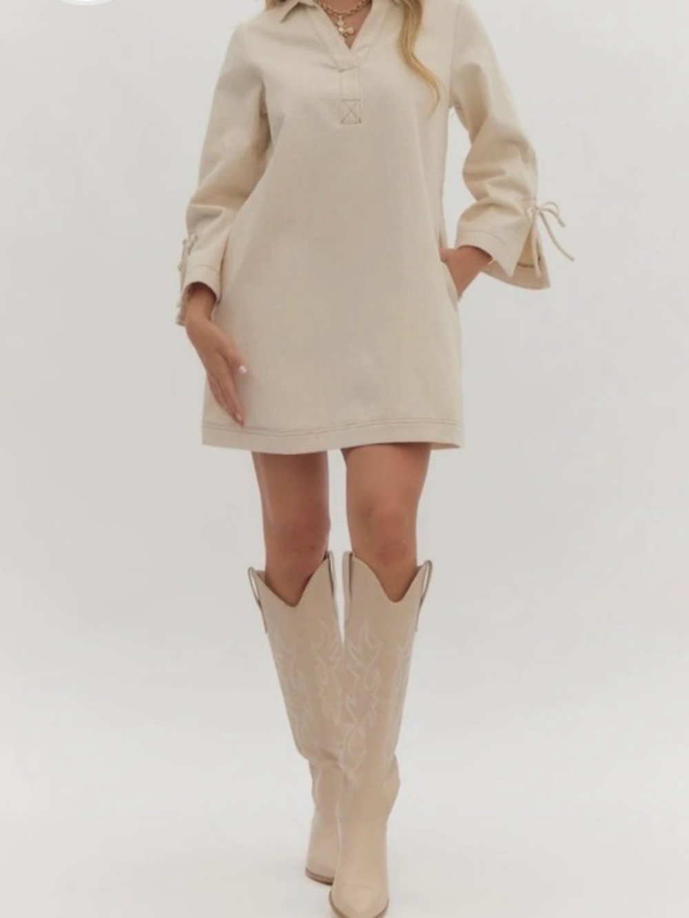 Entro Denim Sand Casual Cream Tunic Pullover Dress w Tie-Sleeve Detail, Med